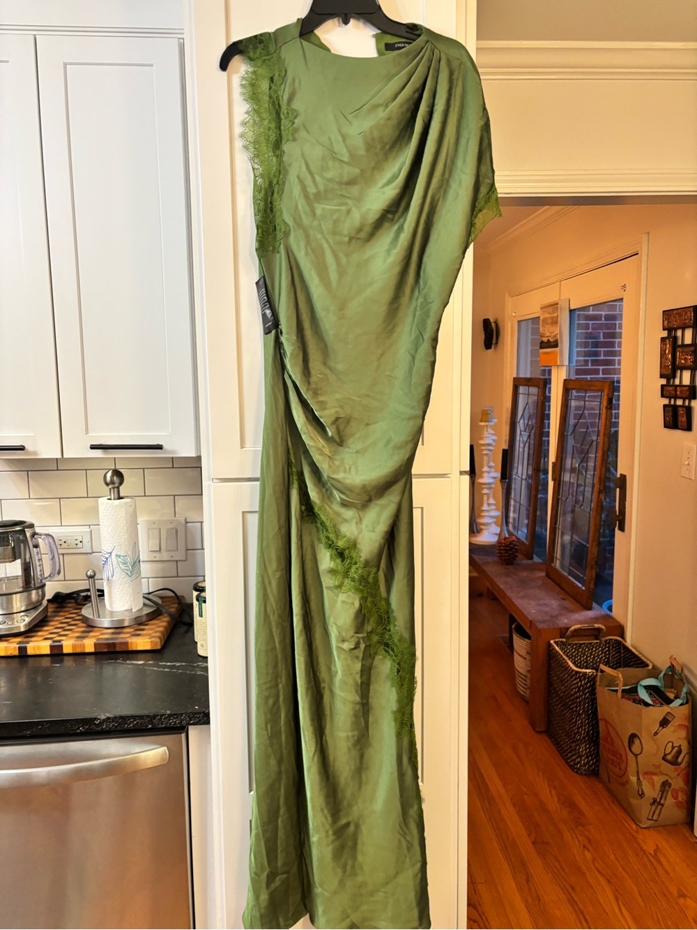 new Ever New Kody Satin Lace Asymmetric Dress maxi gown in olive green - Picture 7 of 12
